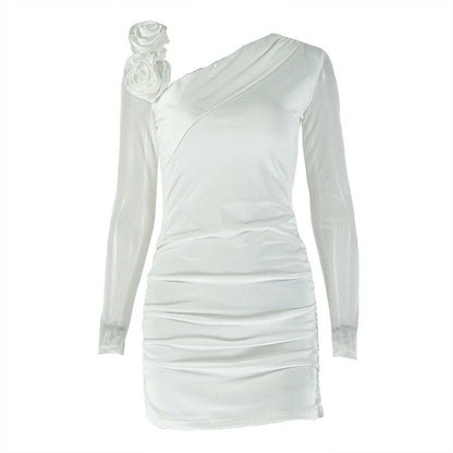 Long sleeve flower applique ruched mini dress  | Festival Outfits Women