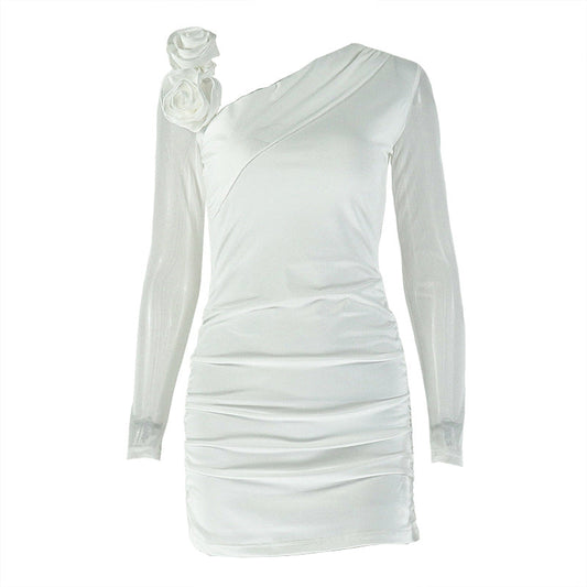 Long sleeve flower applique ruched mini dress  | Festival Outfits Women