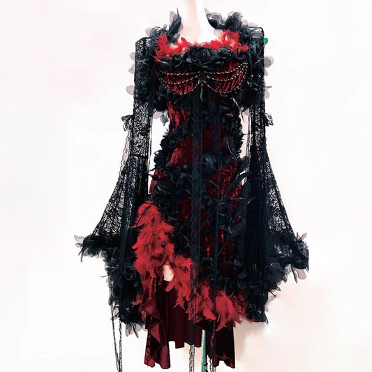 Long flared sleeve lace flower applique irregular mini dress  | Festival Outfits Women