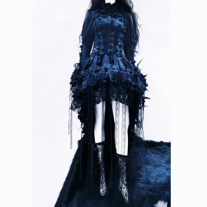 Long sleeve flower applique lace up lace hem mini dress  | Festival Outfits Women