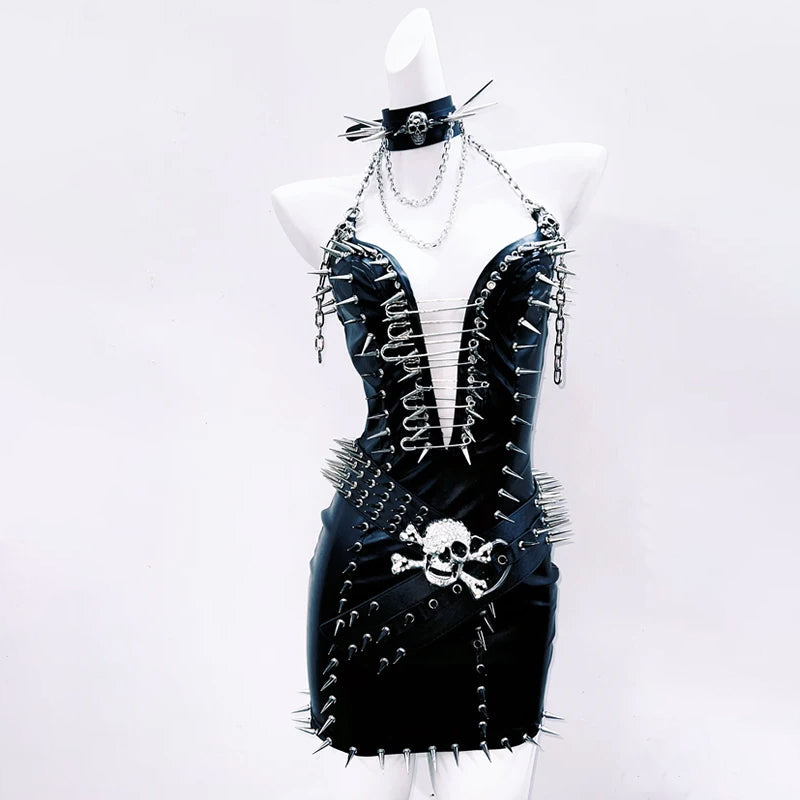 Halter rivet PU leather belt mini dress  | Festival Outfits Women