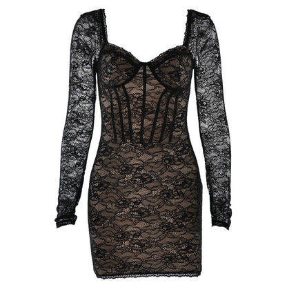 Lace long sleeve v neck backless mini dress  | Festival Outfits Women