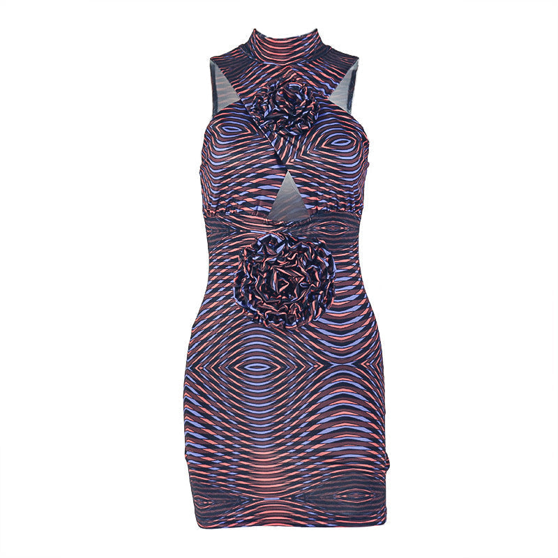 Hollow out flower applique print crewneck cut out mini dress  | Festival Outfits Women