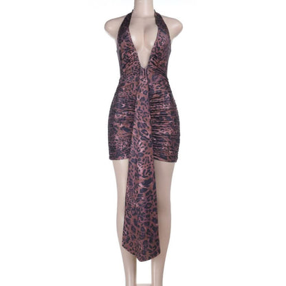 Leopard print v neck ruched halter self tie mini dress  | Festival Outfits Women  | Leopard Print Mini Dress