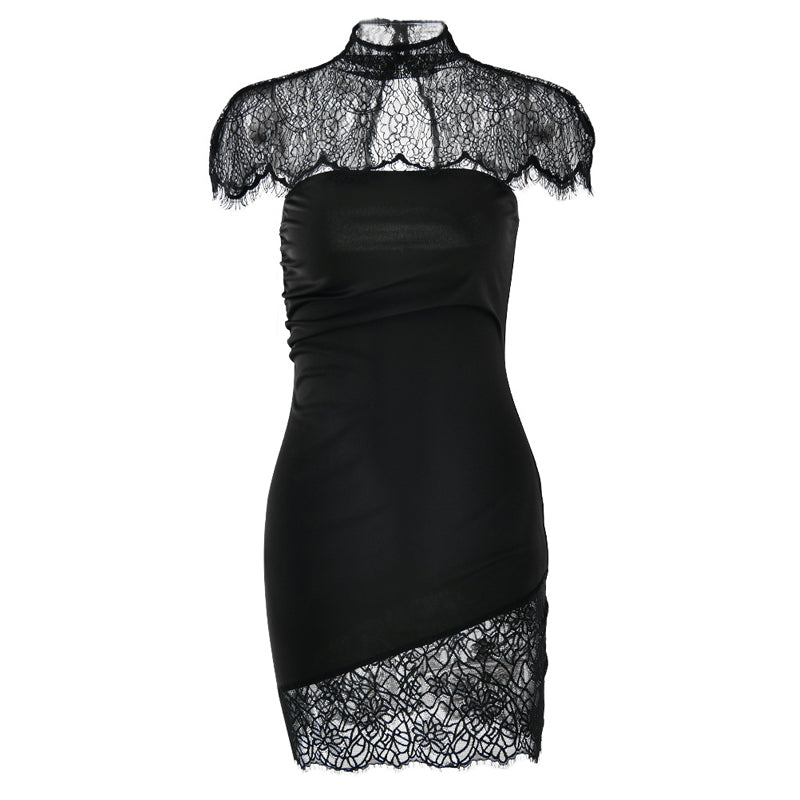 High neck lace ruched irregular 2 piece mini dress  | Festival Outfits Women