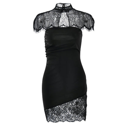 High neck lace ruched irregular 2 piece mini dress  | Festival Outfits Women