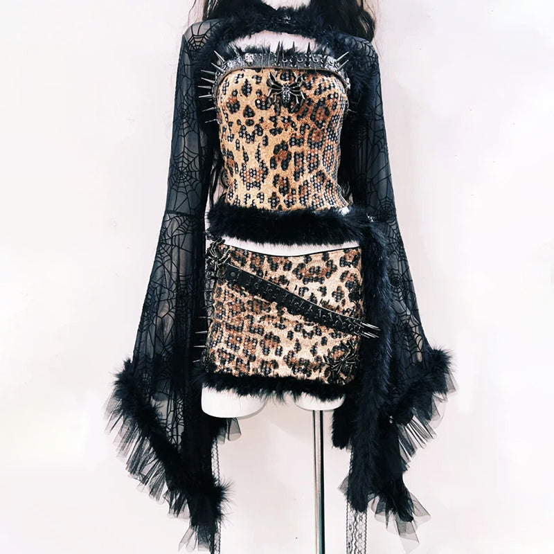 Leopard print glitter long sleeve spider applique mini skirt set  | Festival Outfits Women  | Leopard Print Mini Dress