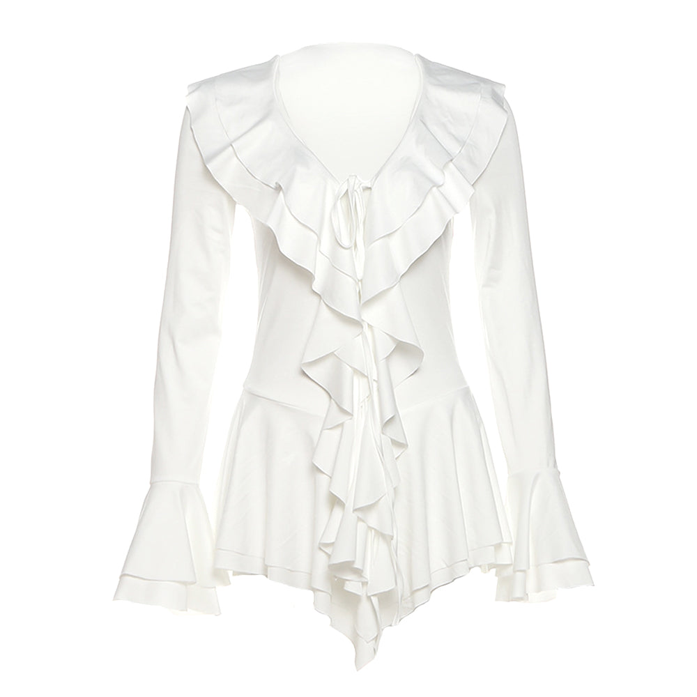 Long flared sleeve ruffle v neck self tie mini dress  | Festival Outfits Women