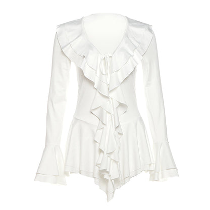 Long flared sleeve ruffle v neck self tie mini dress  | Festival Outfits Women