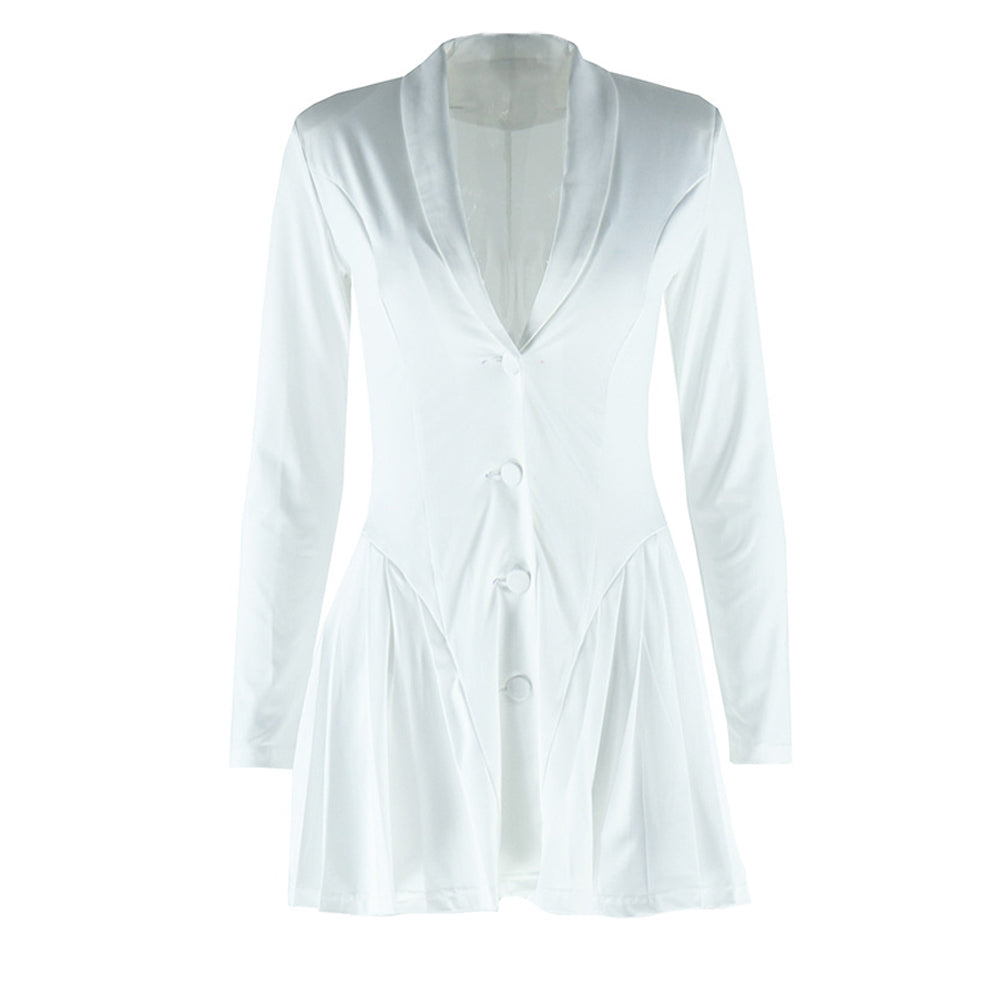 Long sleeve v neck pleated button padded mini dress  | Festival Outfits Women