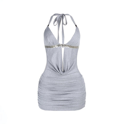 Halter self tie glitter ruched v neck hollow out mini dress  | Festival Outfits Women