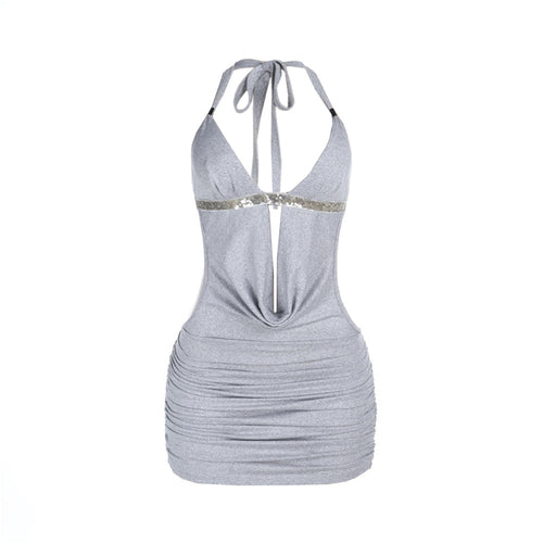 Halter self tie glitter ruched v neck hollow out mini dress  | Festival Outfits Women
