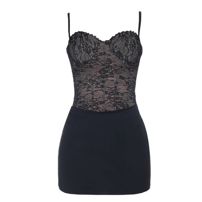 Lace up v neck lace backless cami mini dress  | Festival Outfits Women