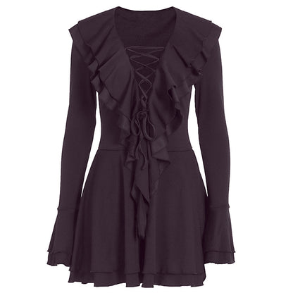 Long flared sleeve ruffle lace up solid mini dress  | Festival Outfits Women