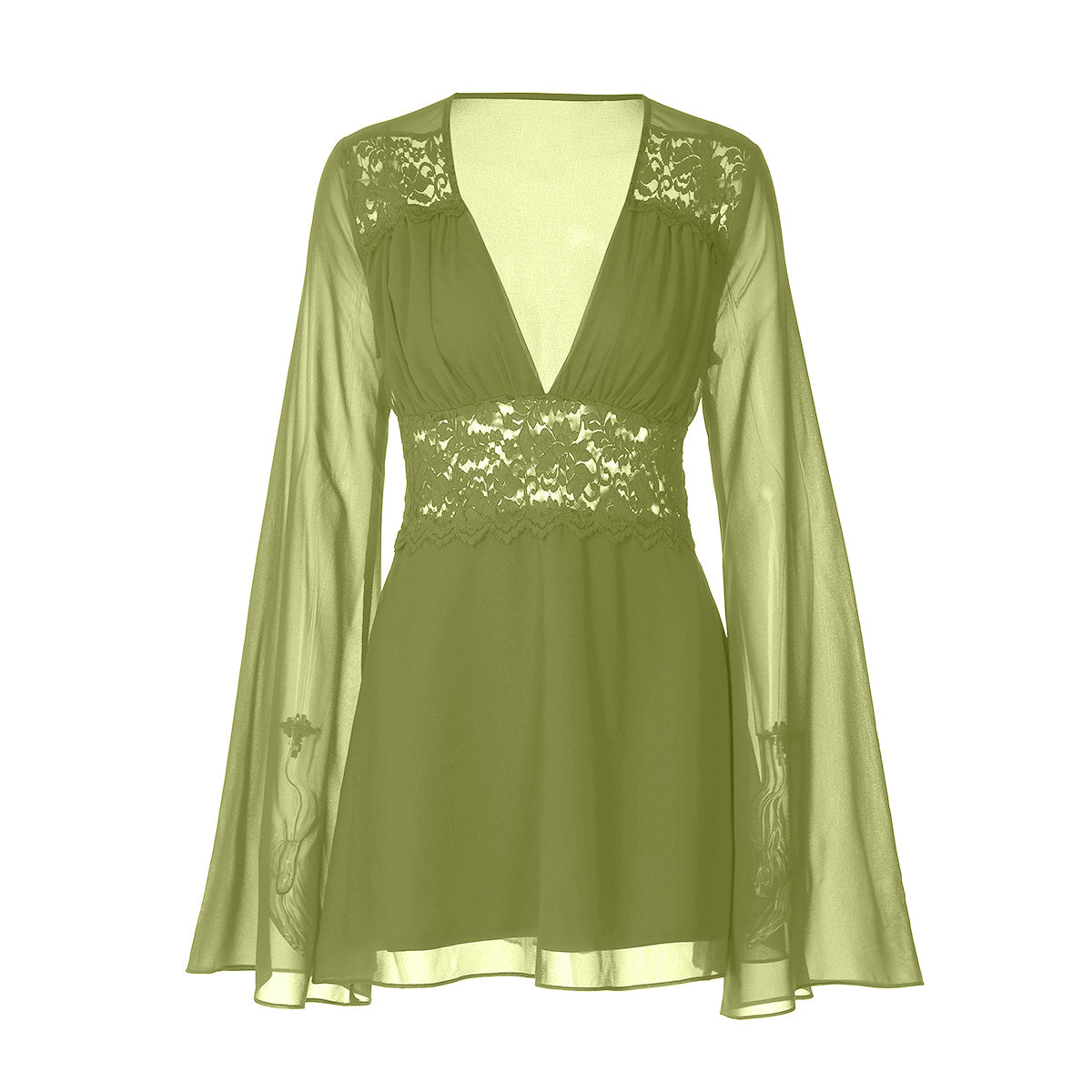 Long flared sleeve v neck chiffon zip-up mini dress  | Festival Outfits Women