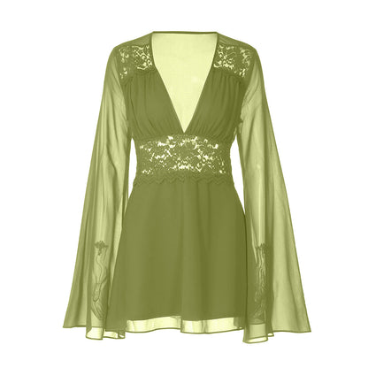 Long flared sleeve v neck chiffon zip-up mini dress  | Festival Outfits Women