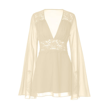 Long flared sleeve v neck chiffon zip-up mini dress  | Festival Outfits Women