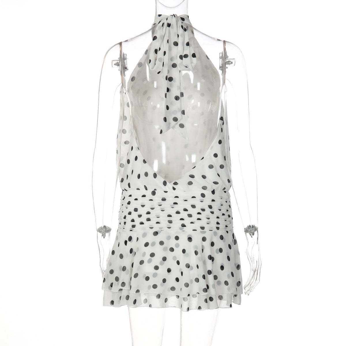 Polka dot halter self tie pleated backless mini dress  | Festival Outfits Women