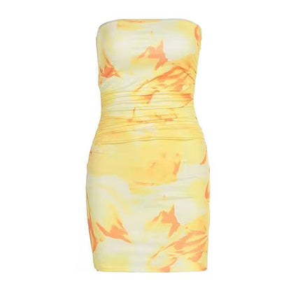 Ruched print contrast backless tube mini dress  | Festival Outfits Women