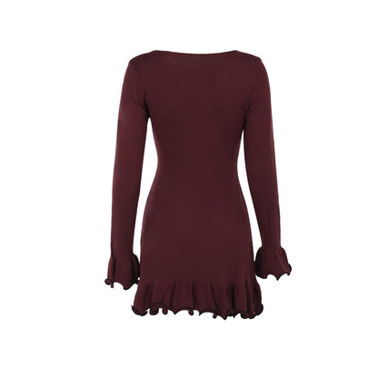 Long flared sleeve ruffle round neck mini dress  | Festival Outfits Women