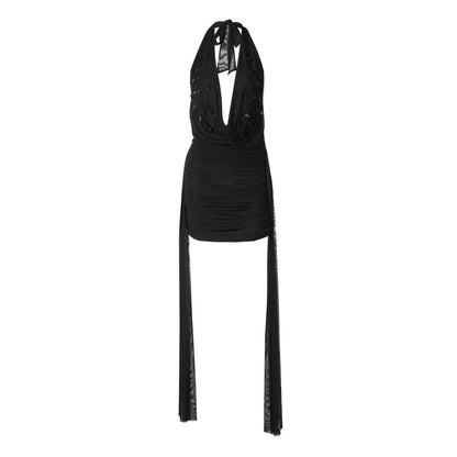 Halter cowl neck self tie water drop applique mini dress  | Festival Outfits Women