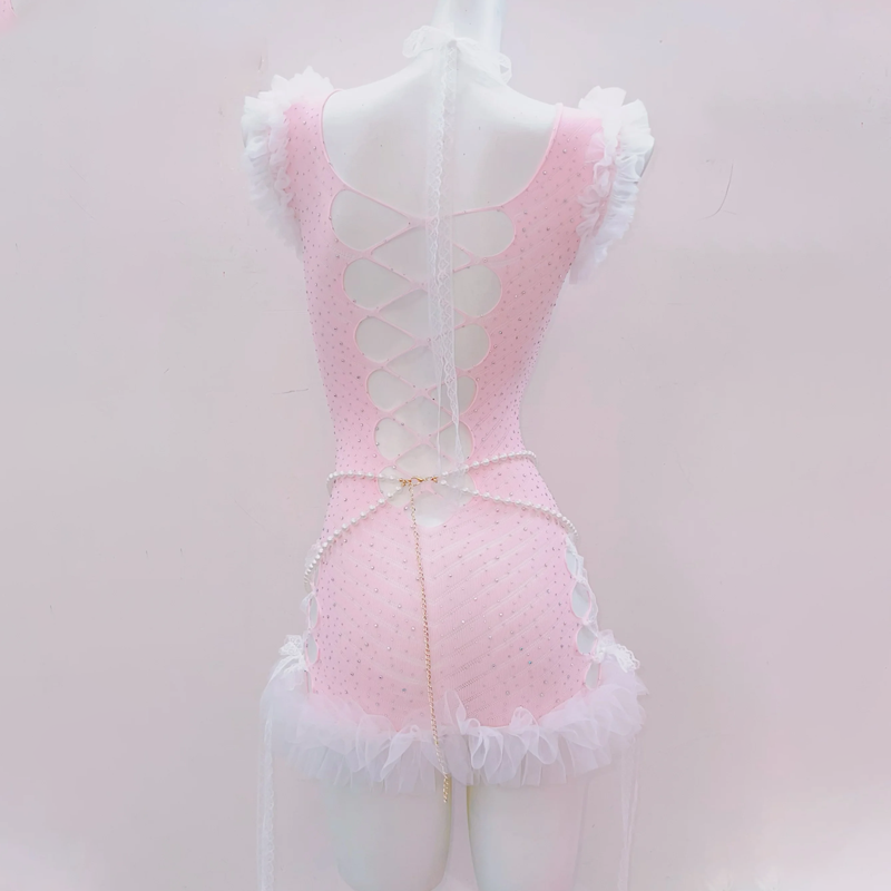 Bowknot cross applique ruffle hollow out beaded mini dress | Pastel Goth  | Festival Outfits Women
