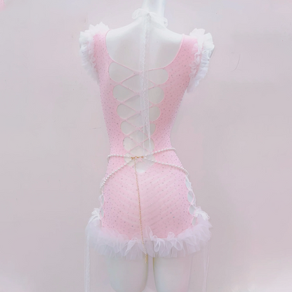 Bowknot cross applique ruffle hollow out beaded mini dress | Pastel Goth  | Festival Outfits Women
