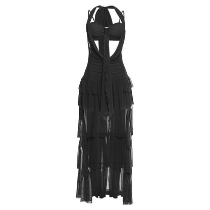 Self tie halter hollow out ruffle mesh mini dress  | Festival Outfits Women