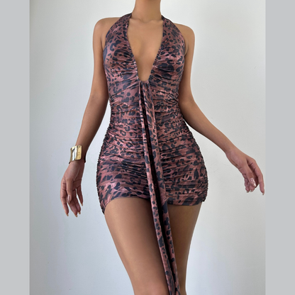 Leopard print v neck ruched halter self tie mini dress  | Festival Outfits Women  | Leopard Print Mini Dress