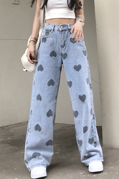 Heart Full Pattern Long Jeans Pants