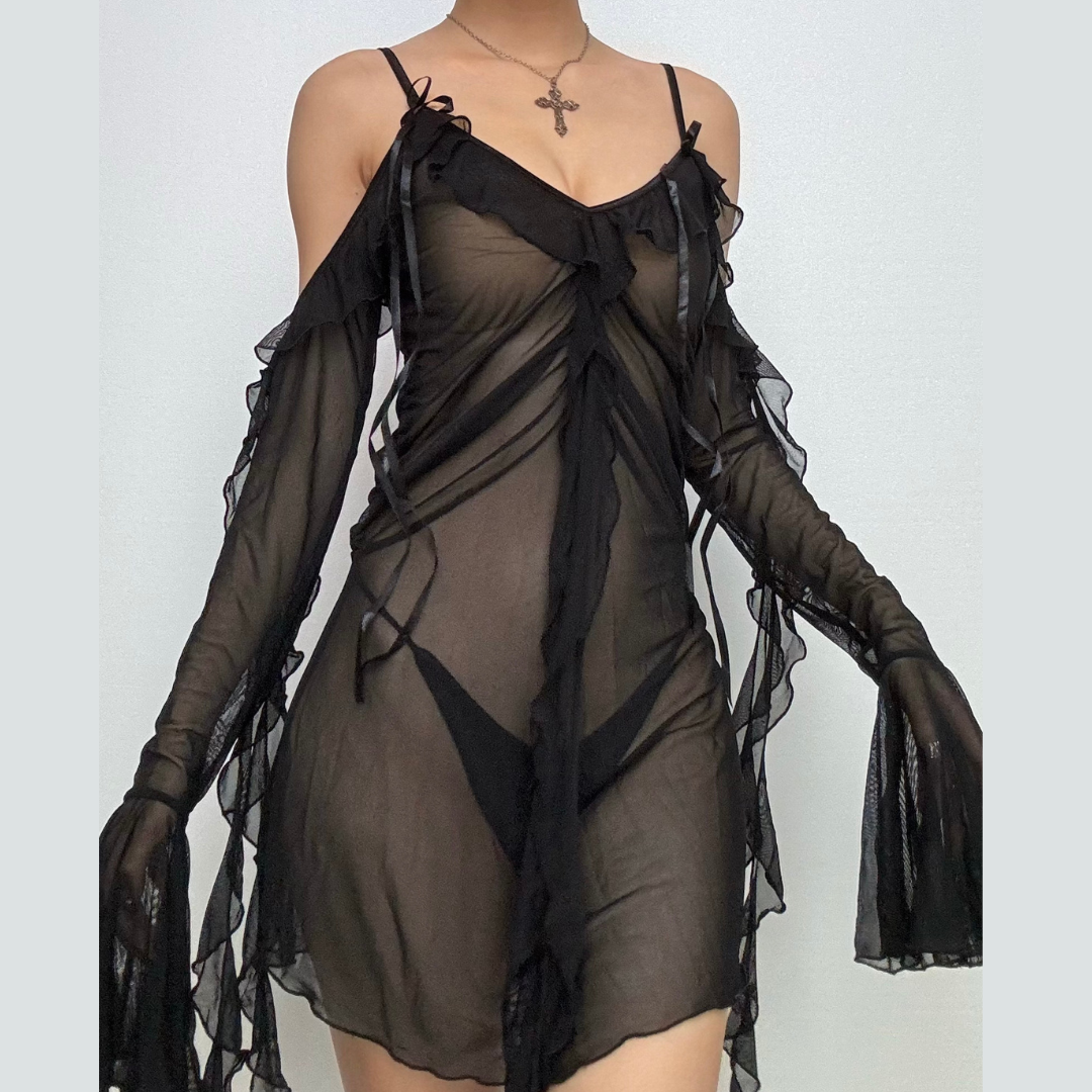 Long flared sleeve Off shoulder sheer mesh ruffle mini dress  | Festival Outfits Women