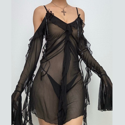 Long flared sleeve Off shoulder sheer mesh ruffle mini dress  | Festival Outfits Women