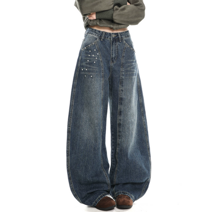 Rivet applique irregular pocket wide leg | Baggy Low Rise Jeans  | Festival Outfits Women