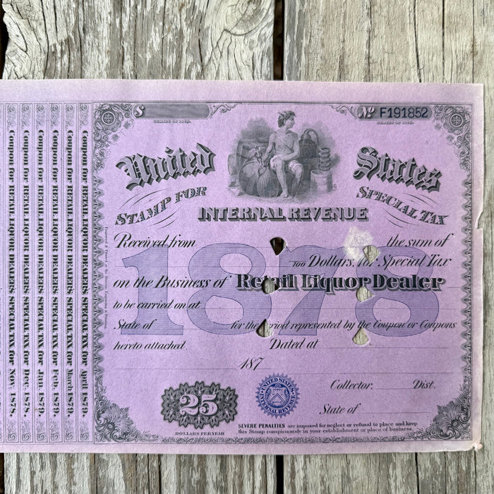 3 Vtg 1878 US Internal Revenue Retail LIQUOR DEALER LICENSE Tax Certificate LOT