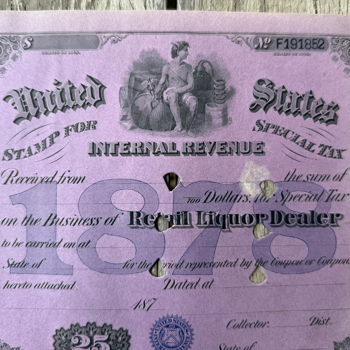 3 Vtg 1878 US Internal Revenue Retail LIQUOR DEALER LICENSE Tax Certificate LOT