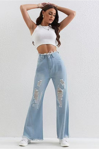 Washed Blue Ripped Patchwork Raw Hem Slim Fit Flare Jeans