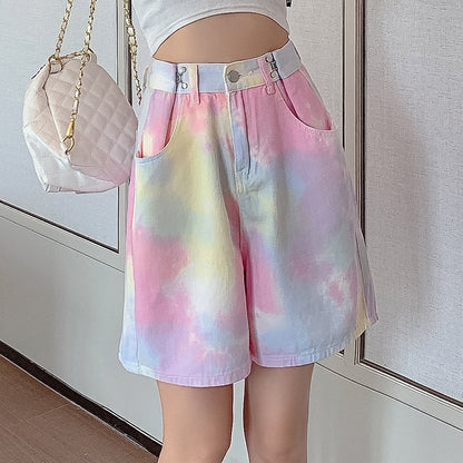Pink Tie Dye Wide Leg Shorts Jeans