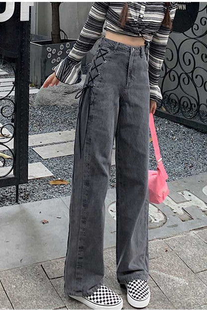 High Waist Side Tie Long Grey Jeans Pants