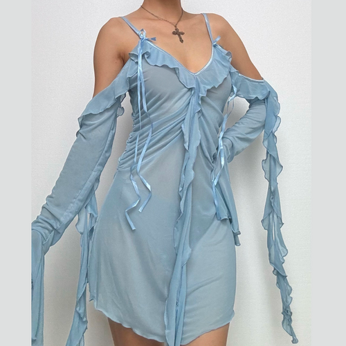 Long flared sleeve Off shoulder sheer mesh ruffle mini dress  | Festival Outfits Women