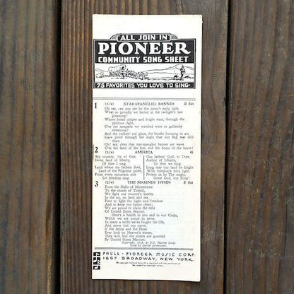 PIONEER SING ALONG SHEET Music 1920s