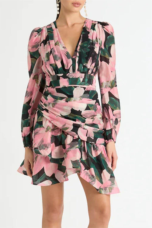 Floral Long Sleeve V-Neck Pleated Mini Dress Pink