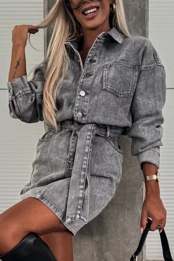 Adele Denim Button Up Belt Pocketed Long Sleeve Mini Dress