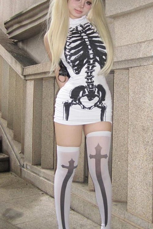 Y2K Skull Print Goth Bodycon Mini Dress