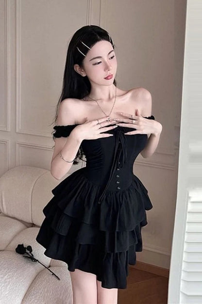 Black Off Shoulder Fringed Suspender Mini Dress