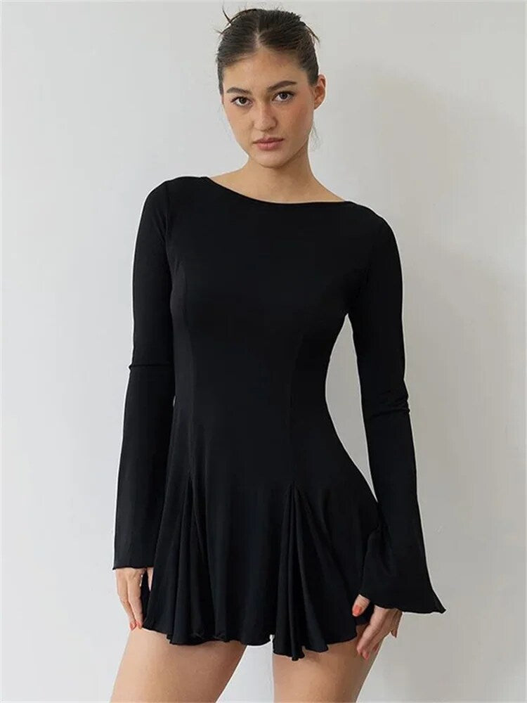 Tossy Ruffled Lace-Up Backless Mini Dress For Women Long Sleeve Bandage Elegant High Waist Long Sleeve Dress New Solid Clothes