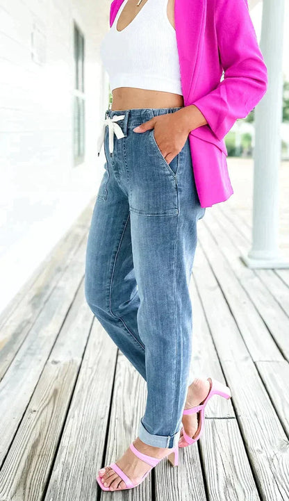 Women's Stretchy High Waist Denim Jogger Pants with Drawstring | Ideal for All Seasons