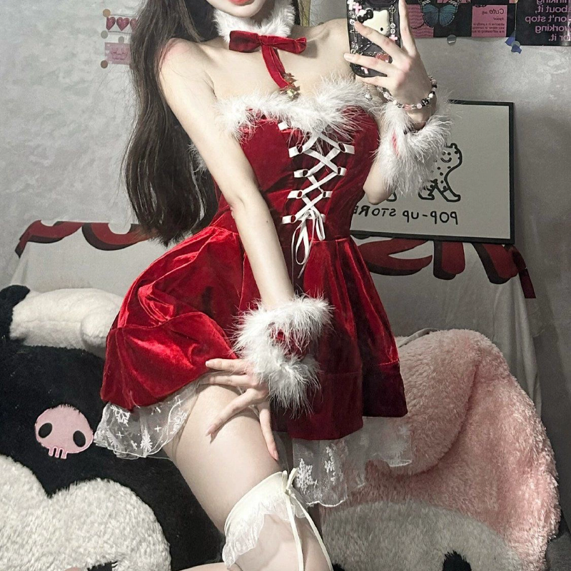 Fluffy lace up velvet backless tube mini dress  | Festival Outfits Women