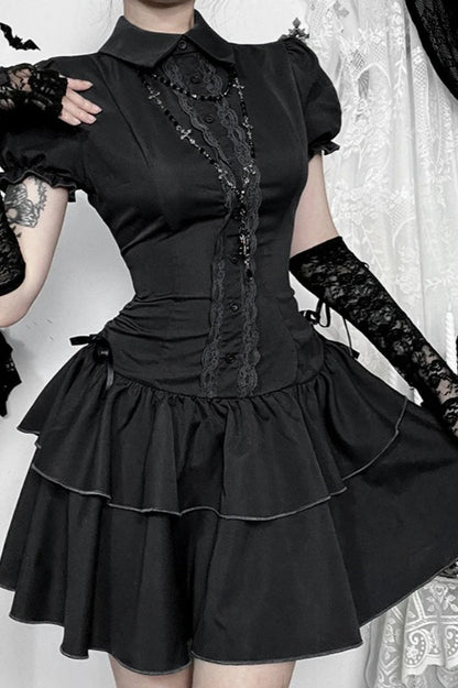 Dark Gothic Lace Patchwork High Waist Bow A-line Mini Dress