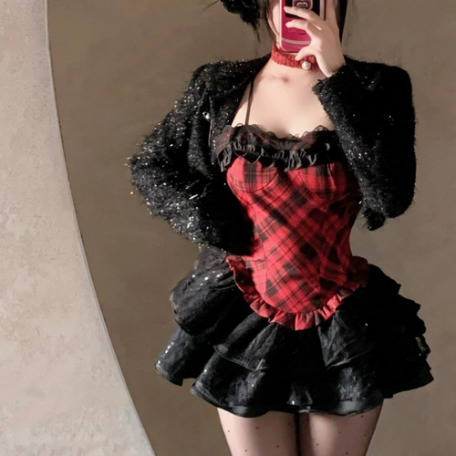Plaid ruffle long sleeve cami 2 piece mini dress  | Festival Outfits Women