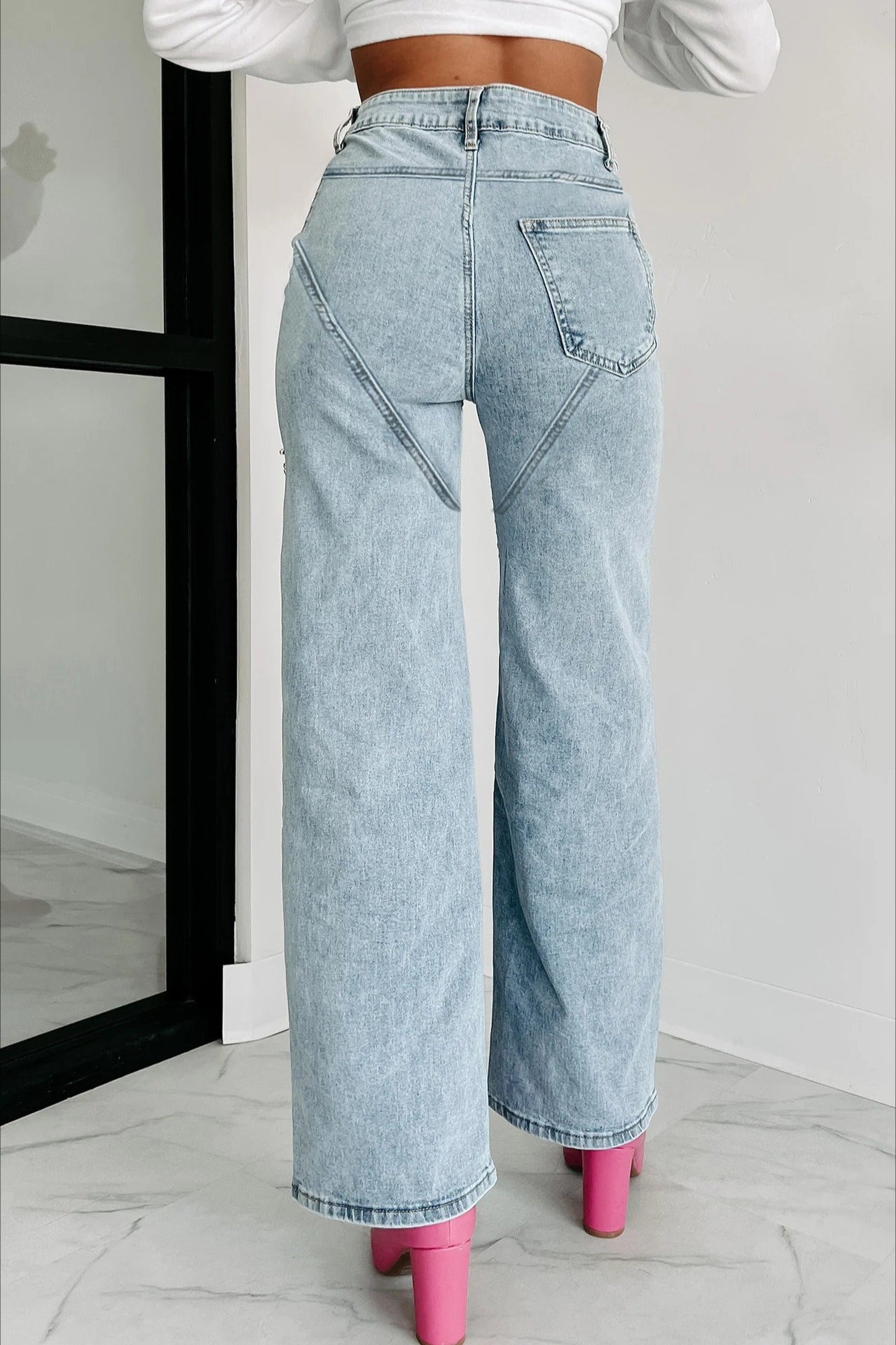 High-Waisted Washed Ripped Chain Straight Leg Jeans